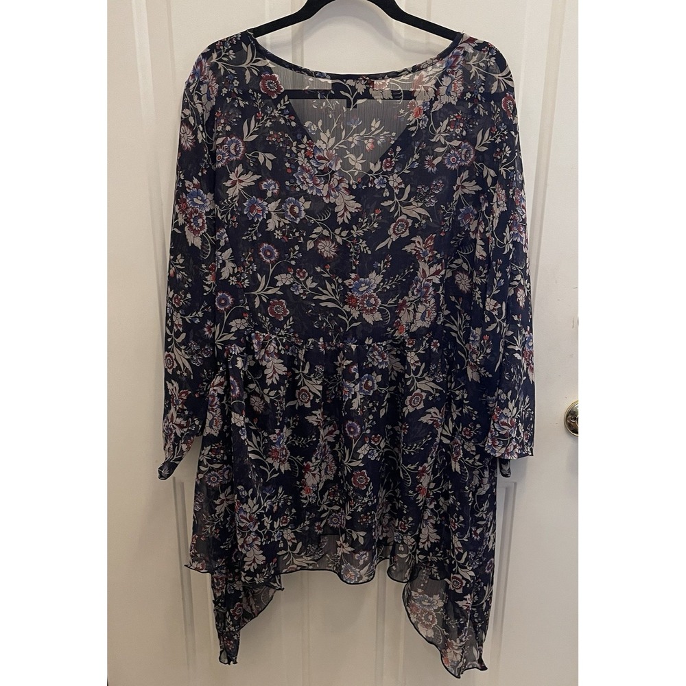 LANE BRYANT 26/28Sheer Navy Blue Floral Chiffon Asymmetrical Babydoll Tunic Boho - Picture 6 of 9